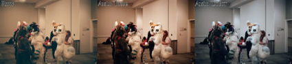 3 Images side-by-side of a group of fursuiters, the left image is raw from the film, the middle image has Auto Tone applied, and the right image has Auto Color applied.